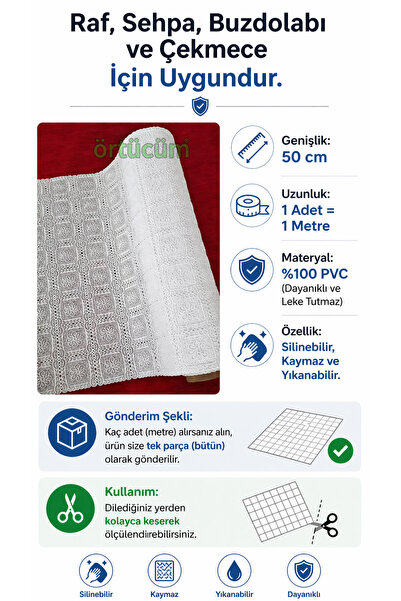Örtücüm Dantel Desenli PVC Raf Örtüsü 50 cm x 1 mt Kaydırmaz Dolap İçi Buzdolabı Çekmece ve Sehpa Örtüsü