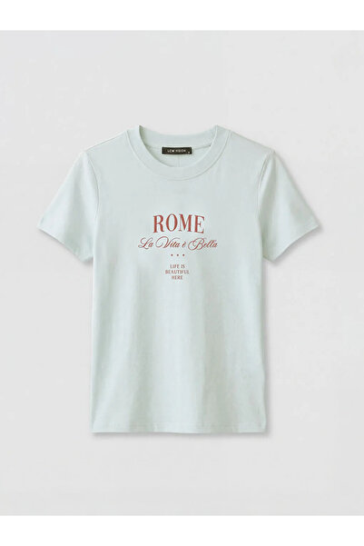 LC Waikiki Γυναικείο μπλουζάκι με στάμπα Blue Crew Neck Roma