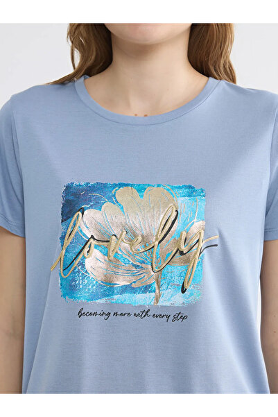 LC Waikiki Γυναικείο μπλουζάκι με στάμπα με μπλε λαιμόκοψη