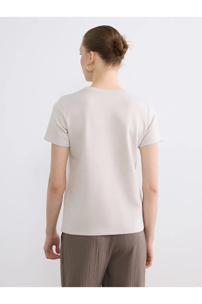 LC Waikiki Γκρι γυναικείο μπλουζάκι με στάμπα με λαιμόκοψη