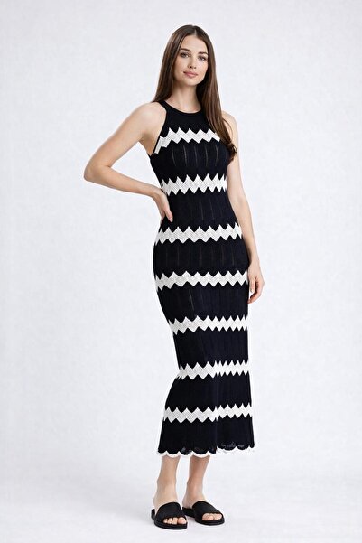 MODASPARK Μαύρο Αμάνικο Γυναικείο Πλεκτό Καλοκαιρινό Μίντι Φόρεμα με Λαιμόκοψ...