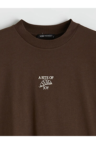 LC Waikiki Καφέ μπλουζάκι με λαιμόκοψη με τύπωμα για γυναίκες