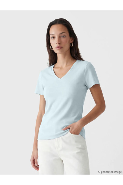 LC Waikiki Μπλε γυναικείο μπλουζάκι με λαιμόκοψη V και απαλή υφή