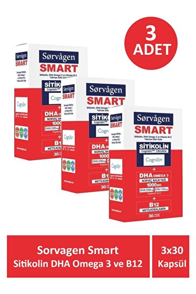 Sorvagen Smart Sitikolin DHA Omega 3 ve B12 30 Kapsül (3 Adet)