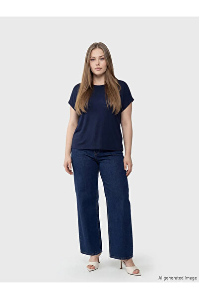 LC Waikiki Γυναικείο μπλουζάκι Navy Blue Large Size με λαιμόκοψη ποδηλάτου