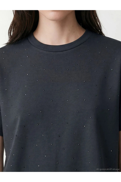 LC Waikiki Γυναικείο μπλουζάκι Anthracite Crew Neck Stone