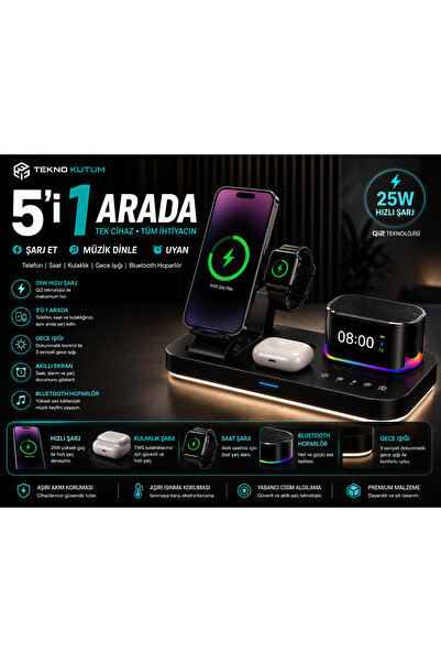 TEKNOKUTUM 5'İ 1 Arada 25W Qi2 Manyetik Kablosuz Şarj Standı Bluetooth Hopörl...
