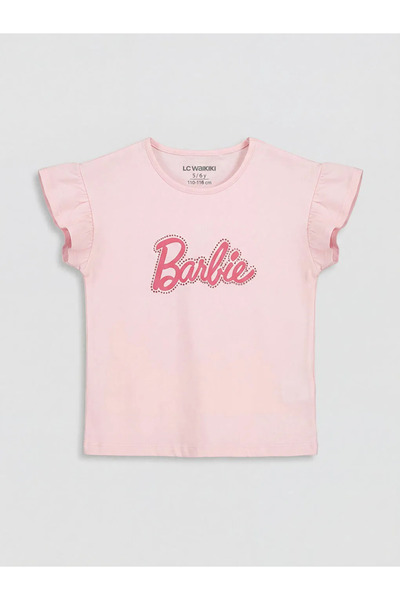 LC Waikiki Ružičasta majica za devojčice sa okruglim izrezom i Barbie printom
