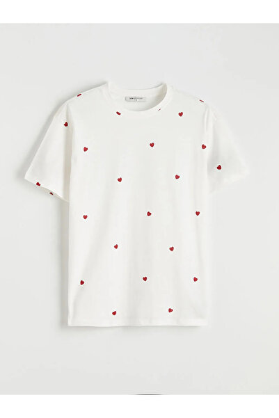 LC Waikiki Λευκό γυναικείο μπλουζάκι με λαιμόκοψη ποδηλάτου Heart Με σχέδιο