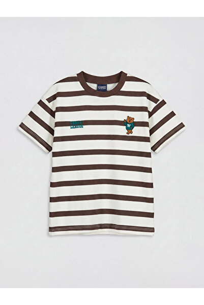 LC Waikiki Καφέ μπλουζάκι για αγόρια με ριγέ λαιμόκοψη