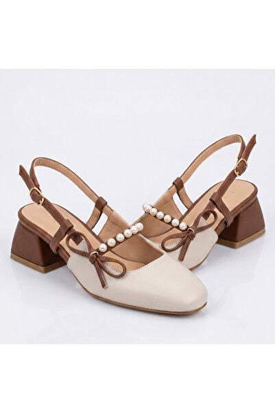 Barinoska Women's White Heeled Shoes with Side Belt, 4 cm Pearl Detail, Leath...