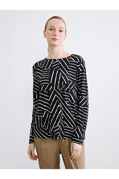 LC Waikiki Μαύρο γυναικείο μπλουζάκι με μοτίβο με λαιμόκοψη