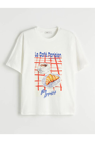 LC Waikiki Γυναικείο μπλουζάκι με λευκό λαιμόκοψη με στάμπα oversize