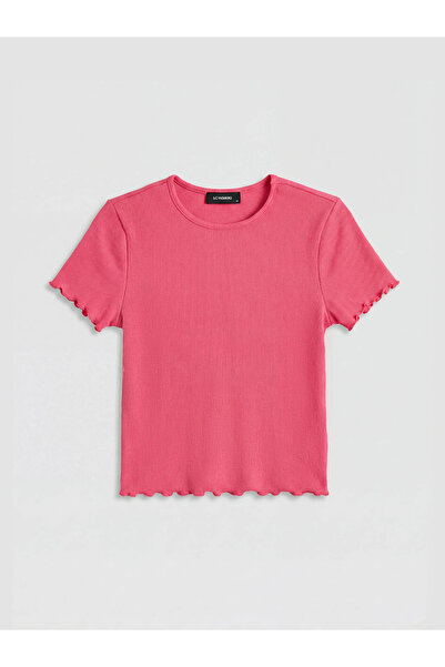 LC Waikiki Φούξια γυναικείο μπλουζάκι με λαιμόκοψη ποδηλάτου και ριμπ ύφανση