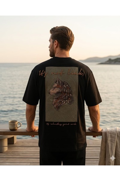 CANMODA Μπλουζάκι Unisex Μαύρο Oversize με ανάγλυφη στάμπα με φιγούρα λύκου