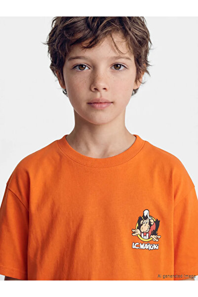 LC Waikiki Πορτοκαλί μπλουζάκι για αγόρια με στάμπα Nostalgic Monkey