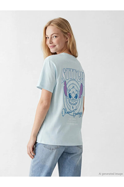 LC Waikiki Γυναικείο μπλουζάκι με στάμπα Blue Crew Neck Stitch