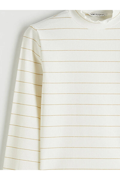 LC Waikiki Εκρού με βολάν ψηλός λαιμός Ριγέ Γυναικείο κορμάκι