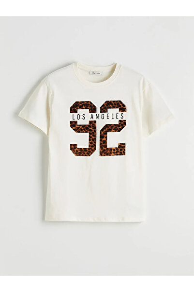 LC Waikiki Γυναικείο μπλουζάκι Ecru Crew Neck με στάμπα Los Angeles