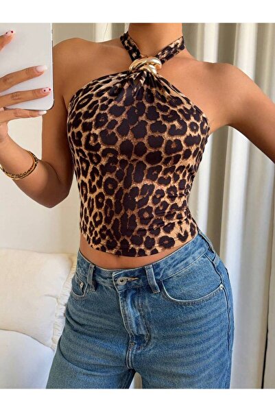 randevu Μπλούζα με σχέδιο λεοπάρ και χρυσή αγκράφα