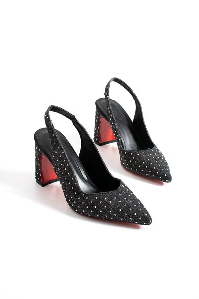 TrendWalk Black Code Fabric Stone Women's Evening Dress Stiletto Thick Heeled Stylish Shoes