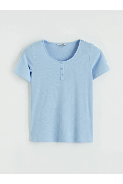 LC Waikiki Μπλε γυναικείο μπλουζάκι με λαιμόκοψη U και ραβδώσεις