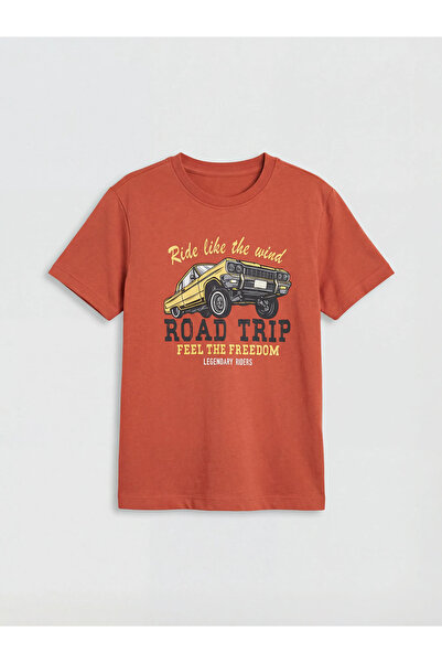 LC Waikiki Μπλουζάκι για αγόρια καφέ με λαιμόκοψη με τύπωμα