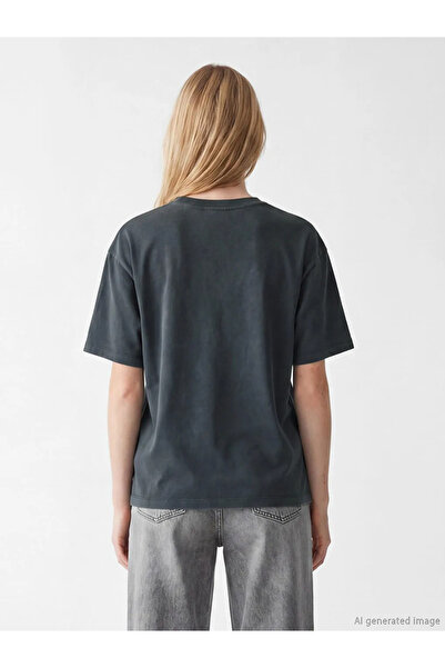 LC Waikiki Γυναικείο μπλουζάκι Anthracite Crew Neck με τύπωμα