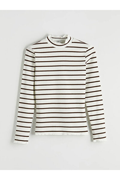 LC Waikiki Καφέ Φρούστρα με βολάν ψηλός λαιμός Ριγέ Γυναικείο κορμάκι