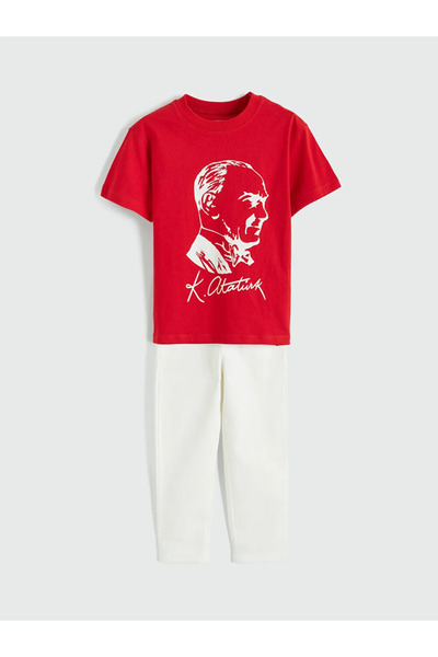 LC Waikiki Κόκκινο μπλουζάκι και παντελόνι για αγόρια Ατατούρκ με τύπωμα