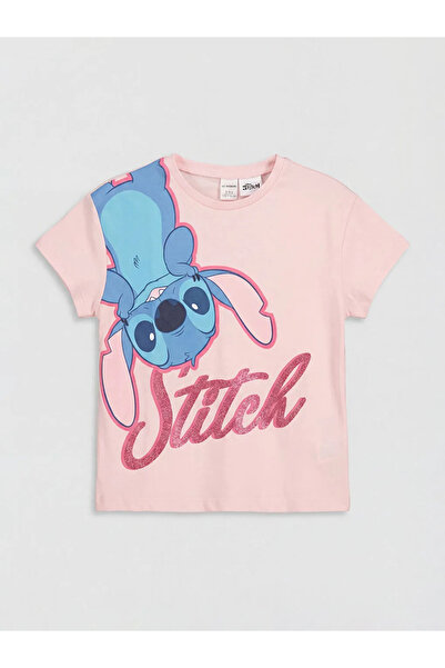 LC Waikiki Pink Crew Neck Lilo & Stitch Printed Girls' T-Shirt