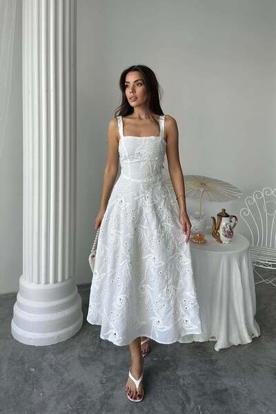 LOKADI Γυναικείο Μακρύ Φόρεμα με Κορσέ και Λεπτομέρειες Μπροντέ