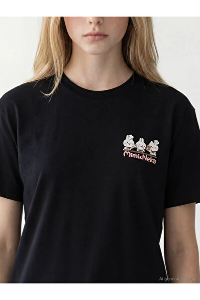 LC Waikiki Μαύρο γυναικείο μπλουζάκι με λαιμόκοψη ποδηλάτου και στάμπα MimisNeko