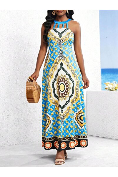 Iuliashop Rochie lungă Arany Bleu cu imprimeu floral galben - S