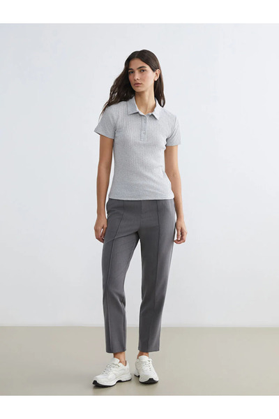 LC Waikiki Γκρι γυναικείο μπλουζάκι με γιακά πόλο και ρίγες