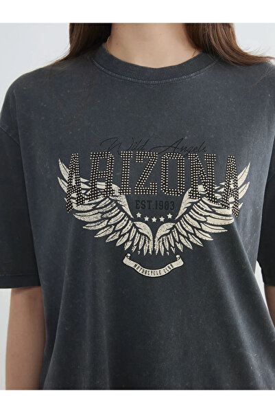 LC Waikiki Γυναικείο μπλουζάκι με στάμπα Anthracite Arizona Oversize