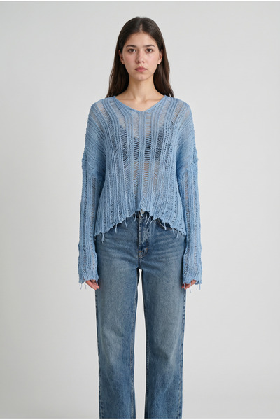 MODASPARK Ανοιχτό μπλε διάτρητο γυναικείο πλεκτό βαμβακερό πουκάμισο με φούντ...