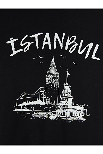 LC Waikiki Μαύρο γυναικείο μπλουζάκι με στάμπα Istanbul Crew Neck