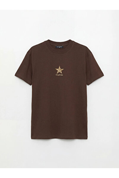 LC Waikiki Καφέ μπλουζάκι με λαιμόκοψη με τύπωμα για γυναίκες