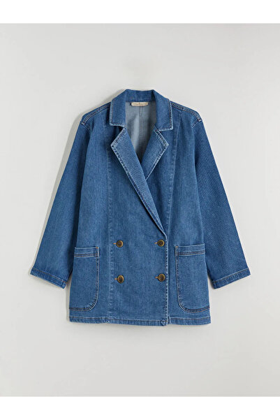 LC Waikiki Γυναικείο τζιν μπλέιζερ σε μπλε ναυτικό χρώμα με διπλό γιακά