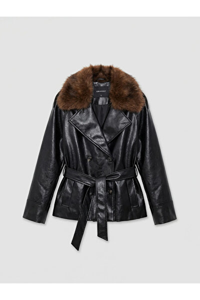 LC Waikiki Women's Leather Look Jacket with Black Fur Collar
