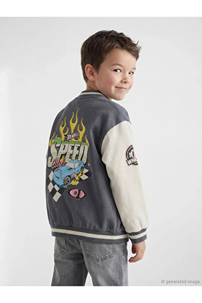LC Waikiki Γκρι μπουφάν κολεγιακού τύπου για αγόρια με στάμπα Hot Wheels