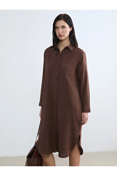 LC Waikiki Καφέ Φόρεμα-Πουκάμισο με Υφή και Σχισμή