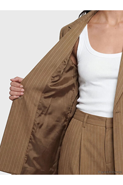 LC Waikiki Γυναικείο μπλέιζερ σε καφέ ριγέ λινό μείγμα