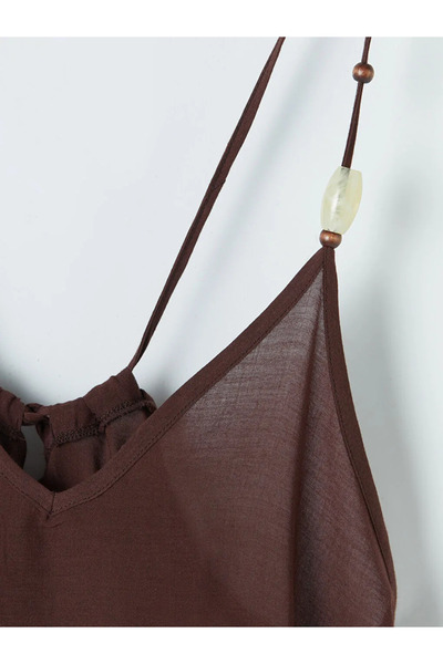 LC Waikiki Καφέ γυναικείο φόρεμα παραλίας με λουράκια V-λαιμόκοψη