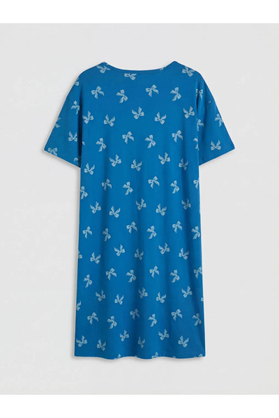 LC Waikiki Μπλε νυχτικό εγκυμοσύνης με φιόγκο και στάμπα με λαιμόκοψη ποδηλάτου