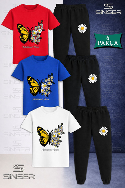 SS SİNSER طقم تي شيرت رياضي للأطفال من BUTTRFLY SARI WING DAISY مكون من 3 قطع