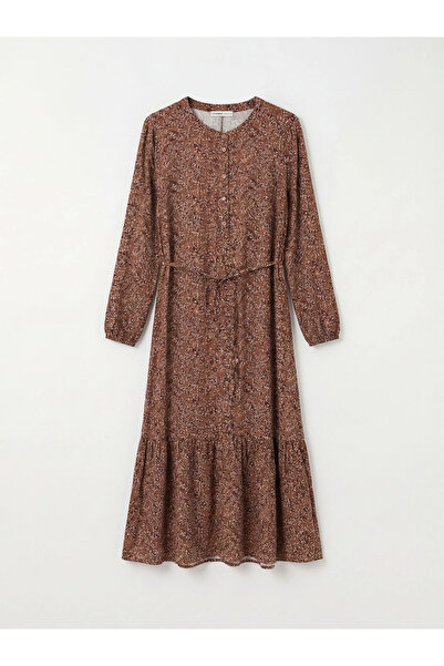 LC Waikiki Καφέ φόρεμα με βολάν και σχέδιο στο λαιμό