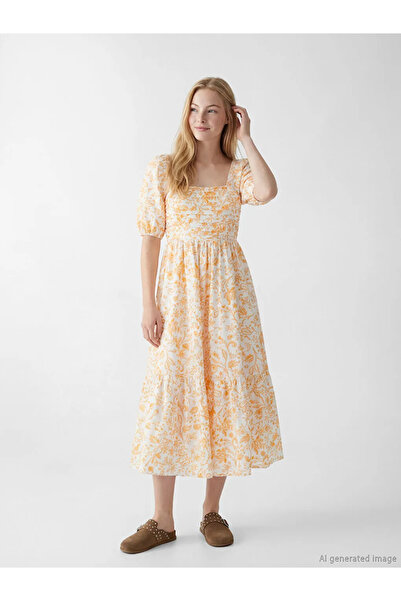 LC Waikiki Πορτοκαλί φόρεμα με τετράγωνο γιακά και σχέδιο από ποπλίνα, με εφα...