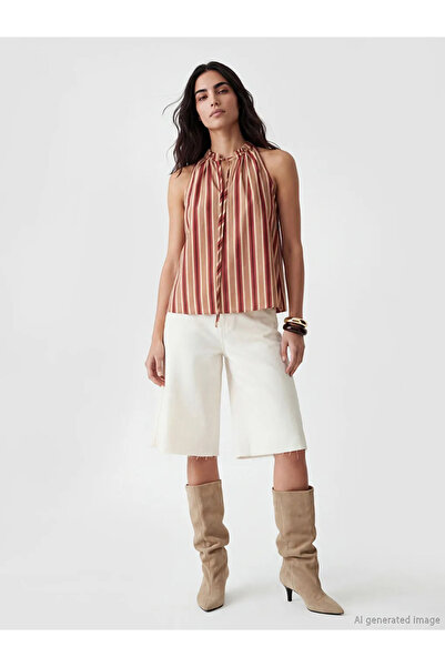 LC Waikiki Μπεζ ριγέ μπλούζα με δετό γιακά